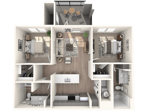 Floor plan for 2 beds, 2 baths, 950 sqft